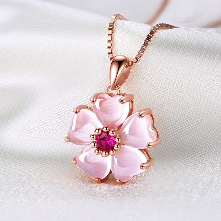 Rose Gold Cherry Blossom Pendant Necklace with Pink Crystal Center
