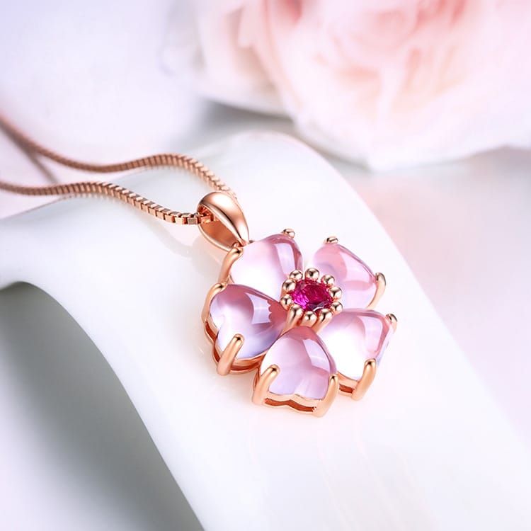 Rose Gold Cherry Blossom Pendant Necklace with Pink Crystal Center