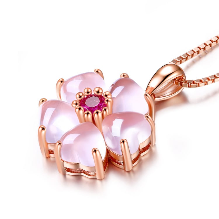 Rose Gold Cherry Blossom Pendant Necklace with Pink Crystal Center