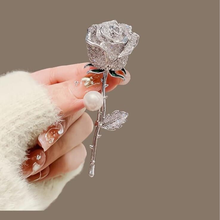 Crystal Rose Brooch Pin with Pearl Accent – Sparkling Floral Lapel Pin for Women