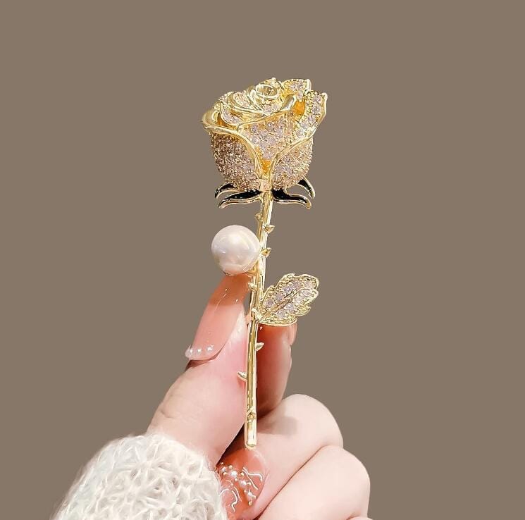 Crystal Rose Brooch Pin with Pearl Accent – Sparkling Floral Lapel Pin for Women