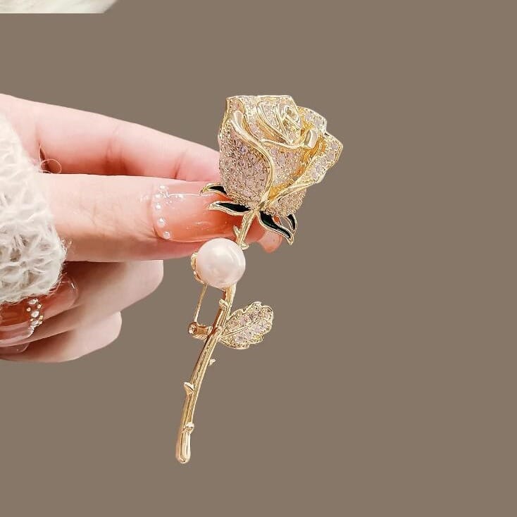 Crystal Rose Brooch Pin with Pearl Accent – Sparkling Floral Lapel Pin for Women