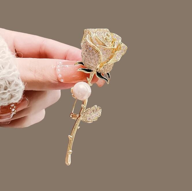 Crystal Rose Brooch Pin with Pearl Accent – Sparkling Floral Lapel Pin for Women