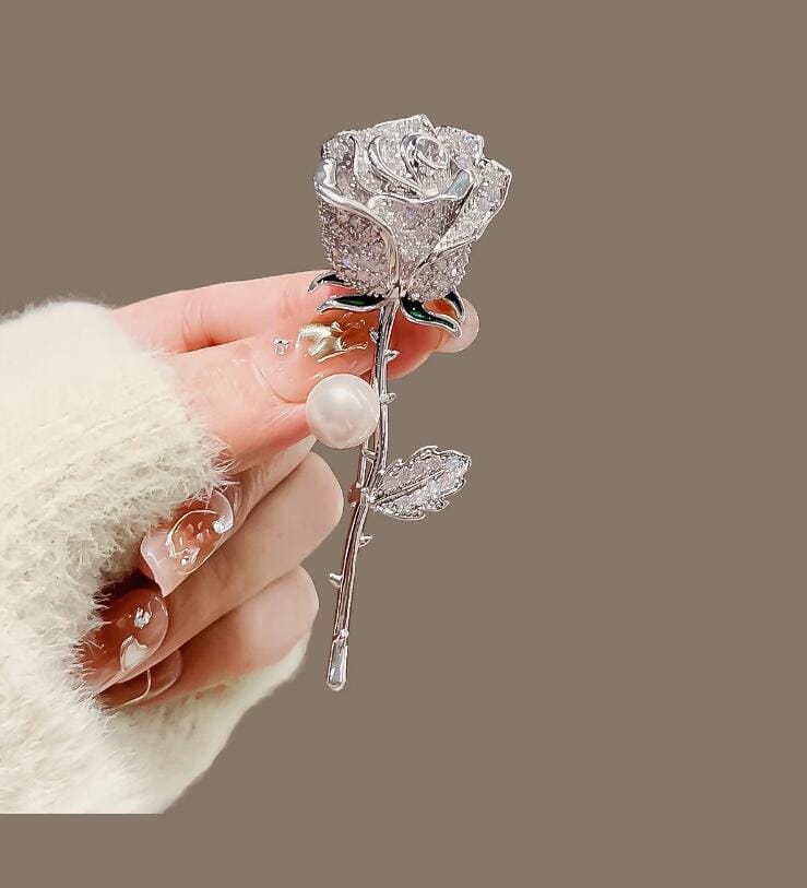 Crystal Rose Brooch Pin with Pearl Accent – Sparkling Floral Lapel Pin for Women