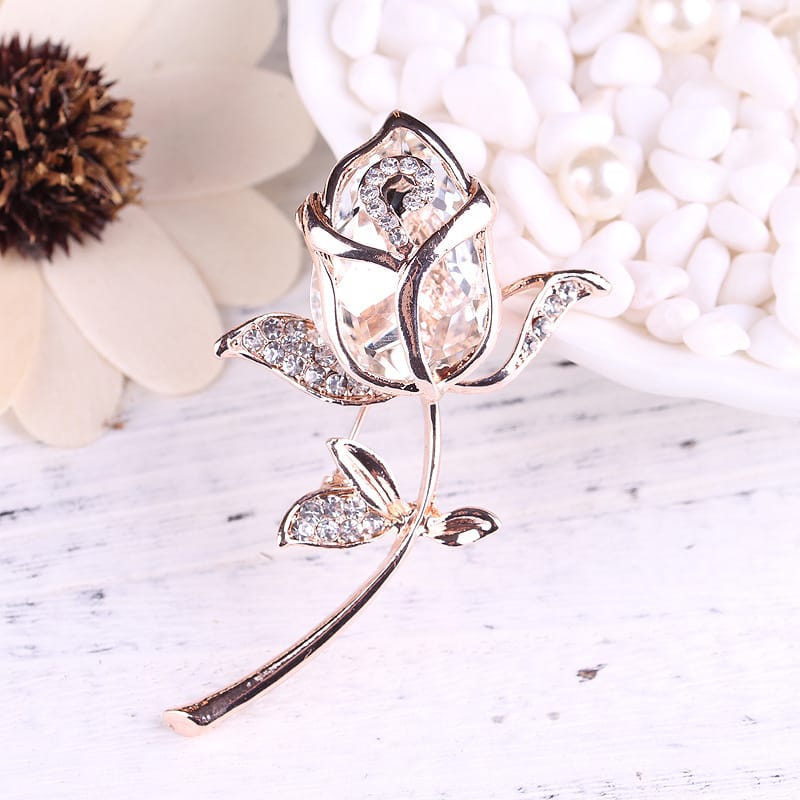 Elegant Crystal Rose Brooch Pin – Rhinestone Floral Lapel Pin for Women