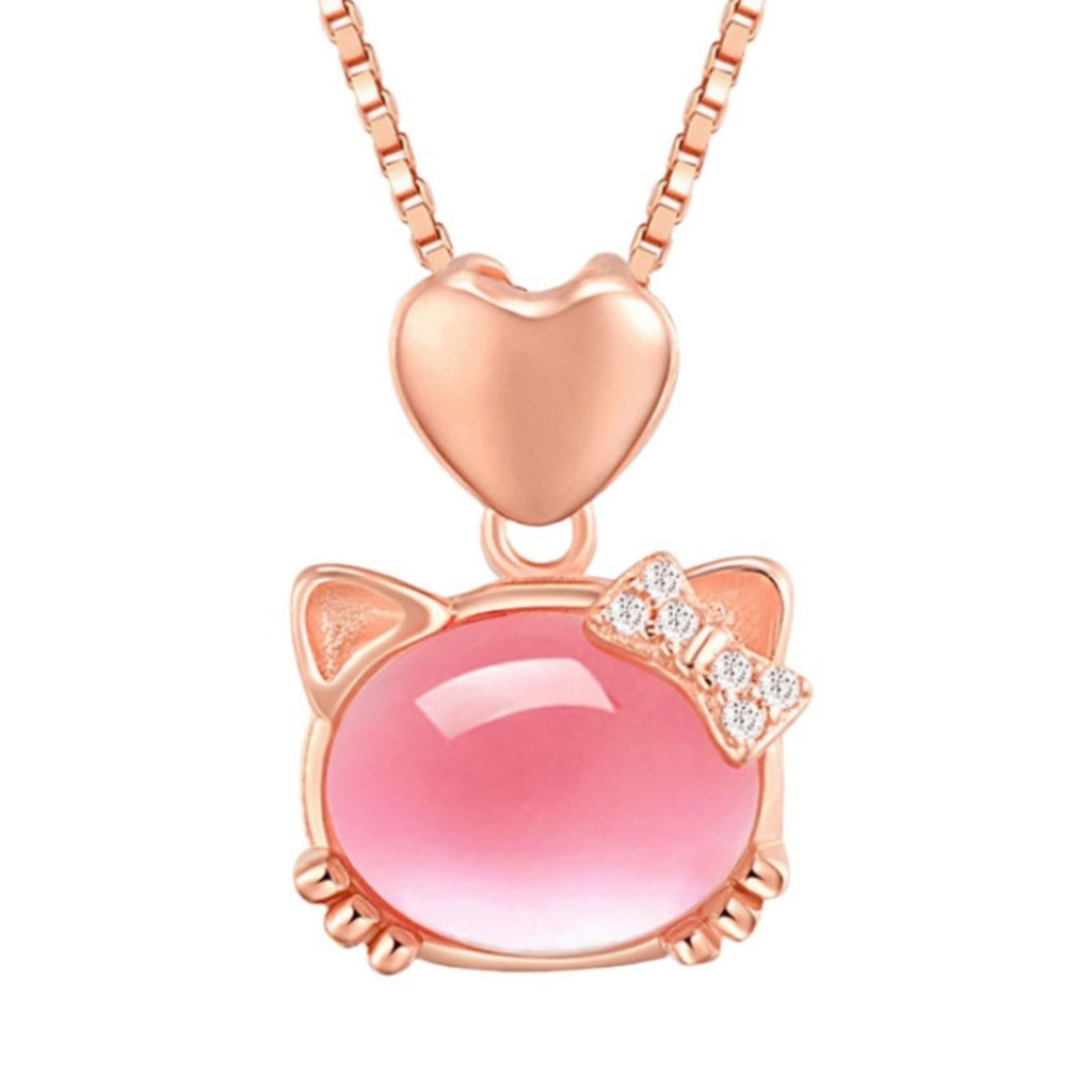 Cute Pink Crystal Kitty Pendant Necklace – Heart & Rhinestone Bow Charm Jewelry