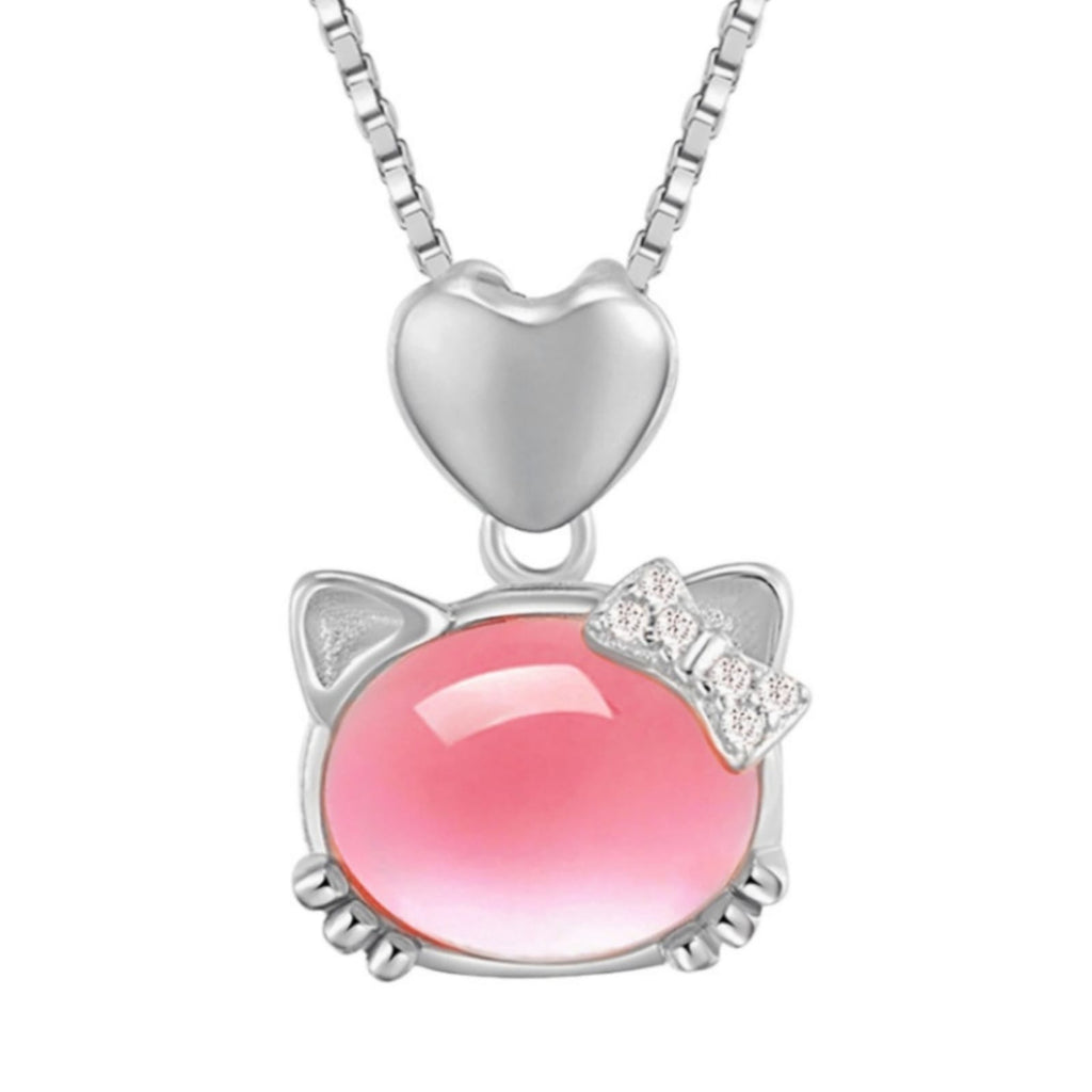 Cute Pink Crystal Kitty Pendant Necklace – Heart & Rhinestone Bow Charm Jewelry