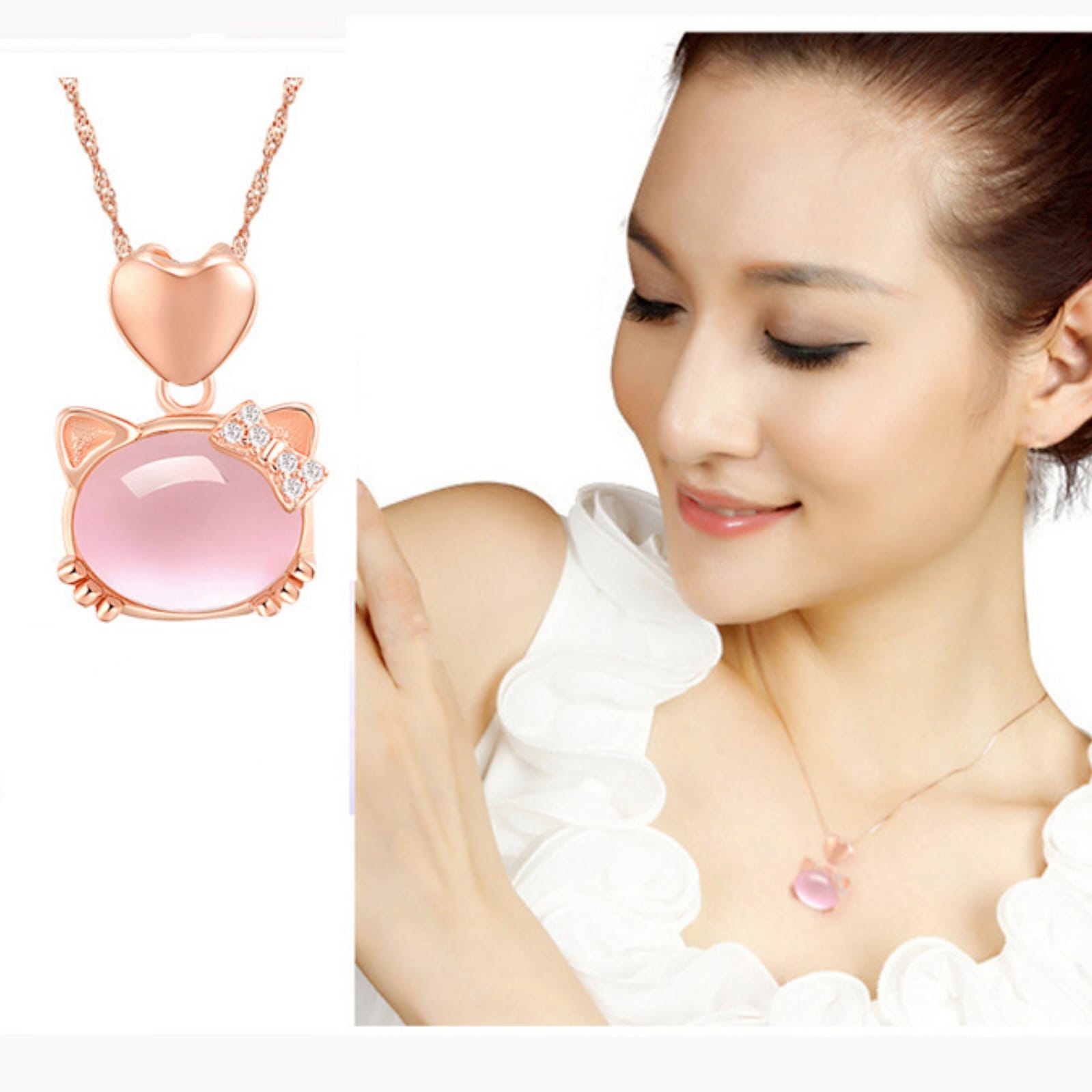 Cute Pink Crystal Kitty Pendant Necklace – Heart & Rhinestone Bow Charm Jewelry