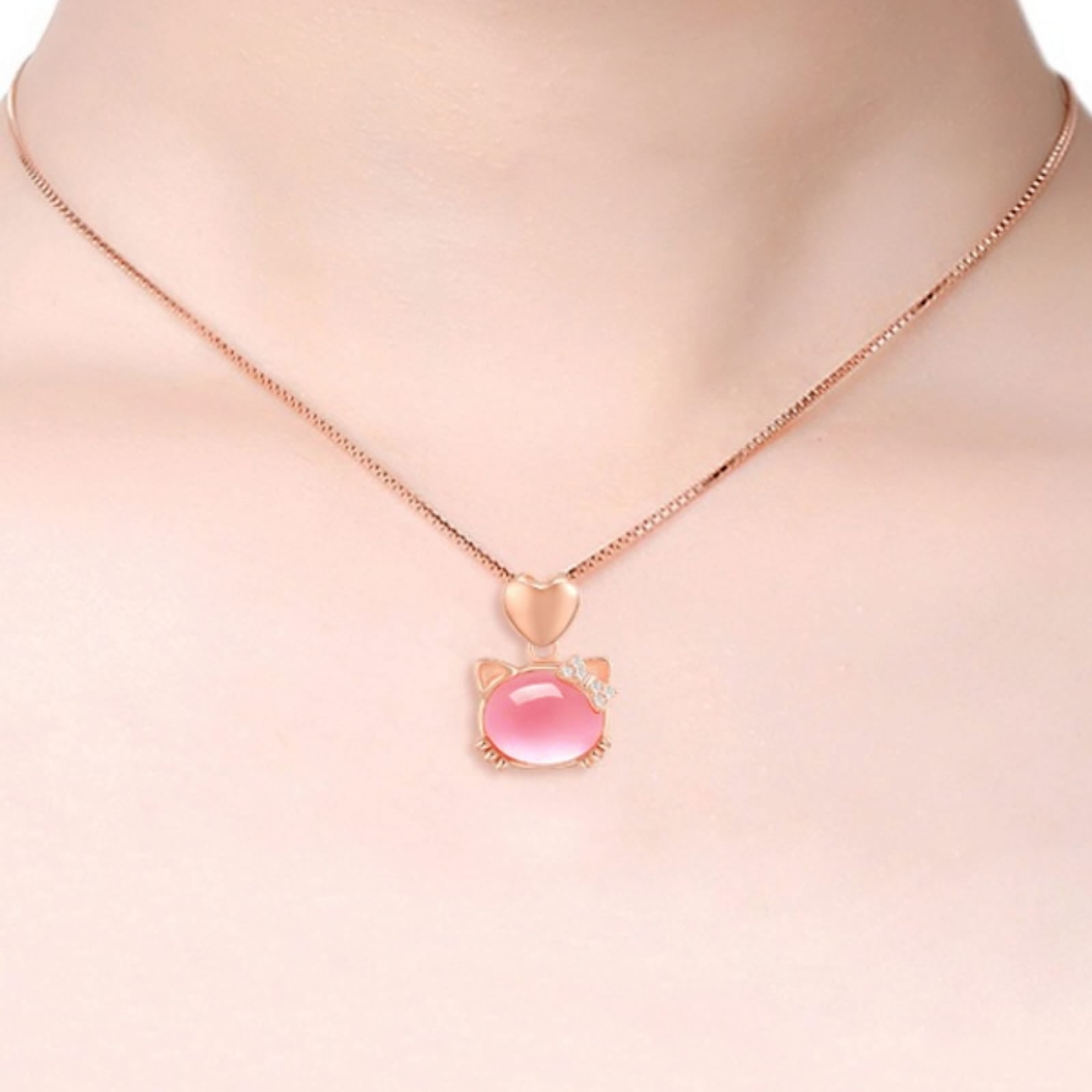 Cute Pink Crystal Kitty Pendant Necklace – Heart & Rhinestone Bow Charm Jewelry