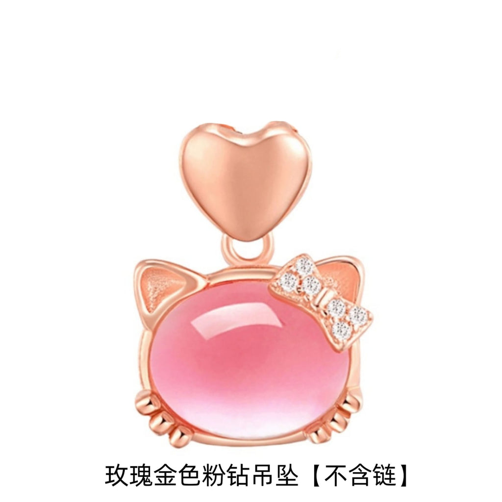 Cute Pink Crystal Kitty Pendant Necklace – Heart & Rhinestone Bow Charm Jewelry
