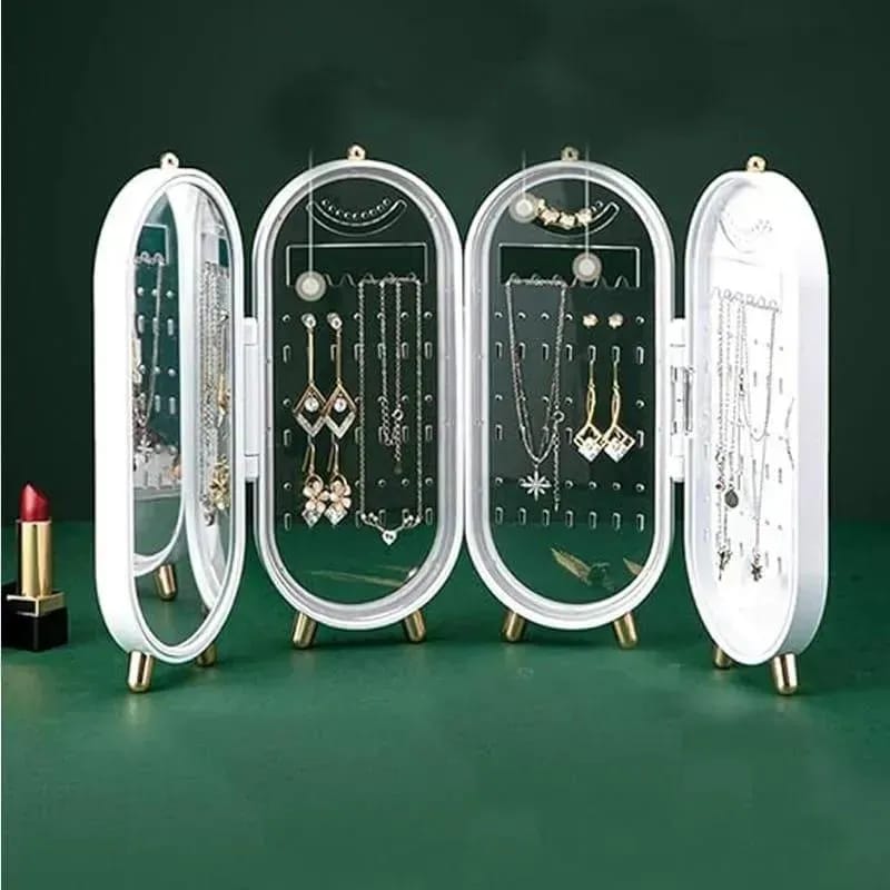 4-Door Folding Screen Jewelry Organizer Stand with Mirror – Light Luxury Jewelry Box for Earrings & Necklaces