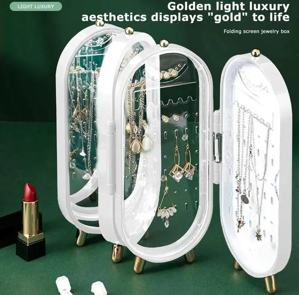 4-Door Folding Screen Jewelry Organizer Stand with Mirror – Light Luxury Jewelry Box for Earrings & Necklaces