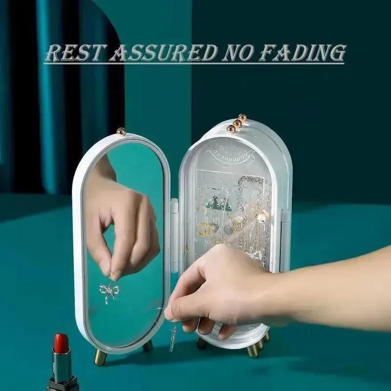 4-Door Folding Screen Jewelry Organizer Stand with Mirror – Light Luxury Jewelry Box for Earrings & Necklaces