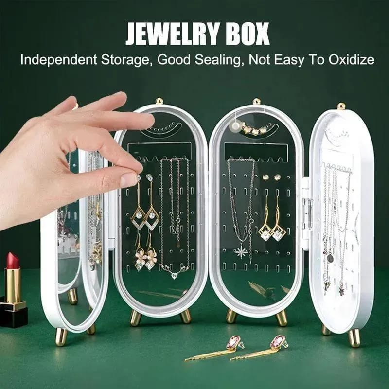 4-Door Folding Screen Jewelry Organizer Stand with Mirror – Light Luxury Jewelry Box for Earrings & Necklaces