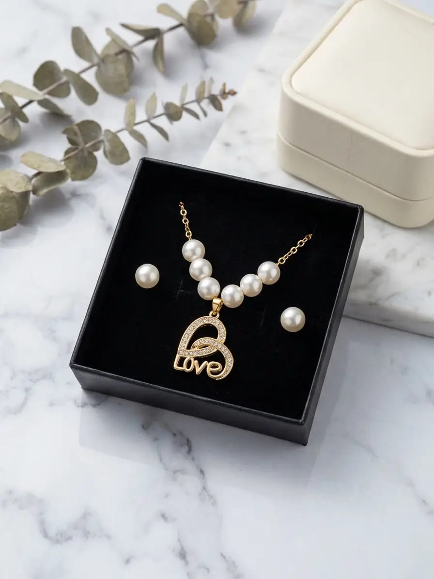 Elegant Pearl Necklace & Stud Earrings Set – Gold Interlocking Heart "Love" Pendant