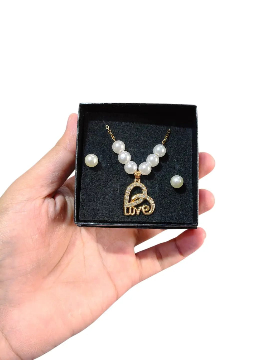 Elegant Pearl Necklace & Stud Earrings Set – Gold Interlocking Heart "Love" Pendant