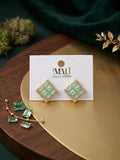 : Mint Green Gemstone Stud Earrings – Gold Geometric Rhombus Earrings with Cubic Zirconia Halo
