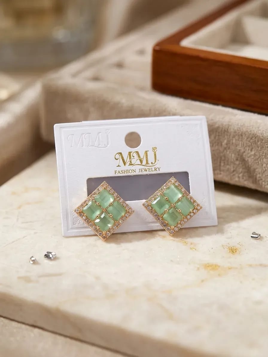 : Mint Green Gemstone Stud Earrings – Gold Geometric Rhombus Earrings with Cubic Zirconia Halo