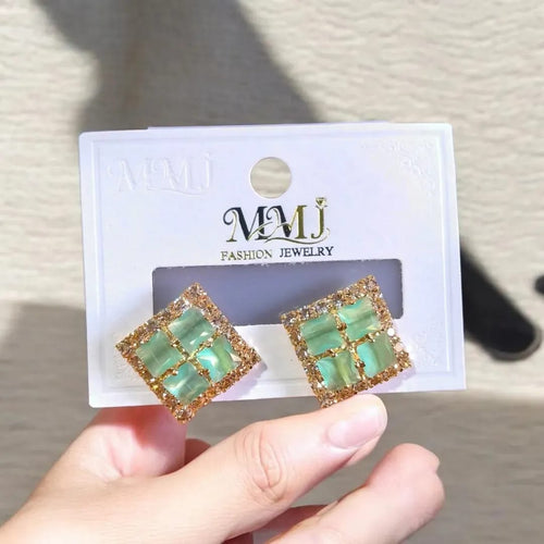 : Mint Green Gemstone Stud Earrings – Gold Geometric Rhombus Earrings with Cubic Zirconia Halo