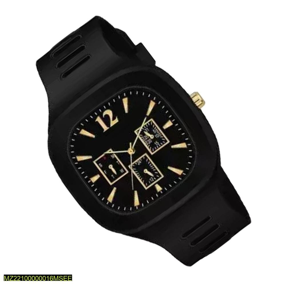 Men's Square Black Quartz Watch | Matte Black Silicone Strap Wristwatch