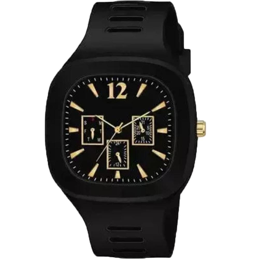 Men's Square Black Quartz Watch | Matte Black Silicone Strap Wristwatch