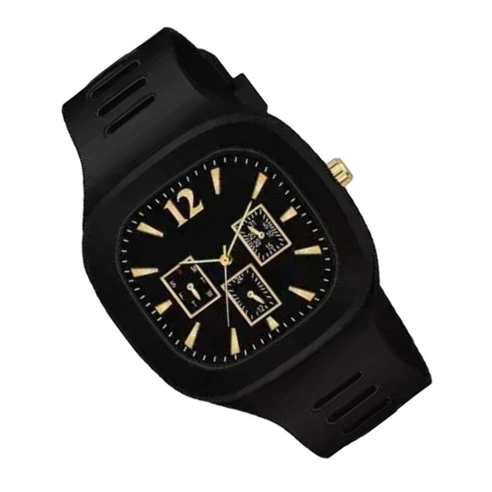 Men's Square Black Quartz Watch | Matte Black Silicone Strap Wristwatch