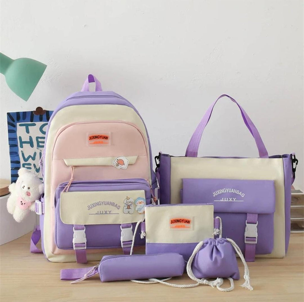 5-in-1 Aesthetic School Backpack Set for Girls | Cute Canvas Bookbag & Tote Combo