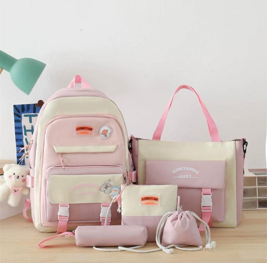 5-in-1 Aesthetic School Backpack Set for Girls | Cute Canvas Bookbag & Tote Combo