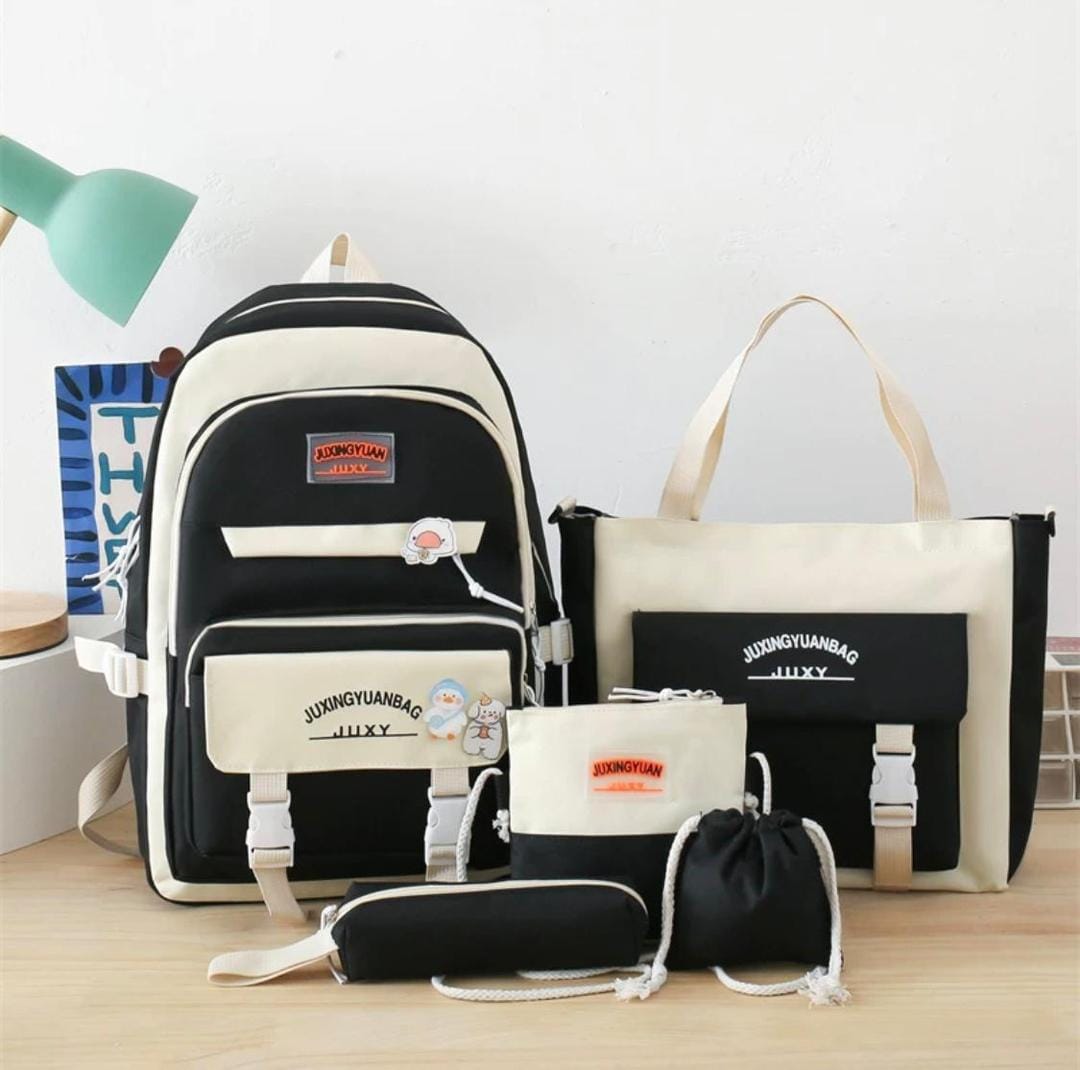 5-in-1 Aesthetic School Backpack Set for Girls | Cute Canvas Bookbag & Tote Combo