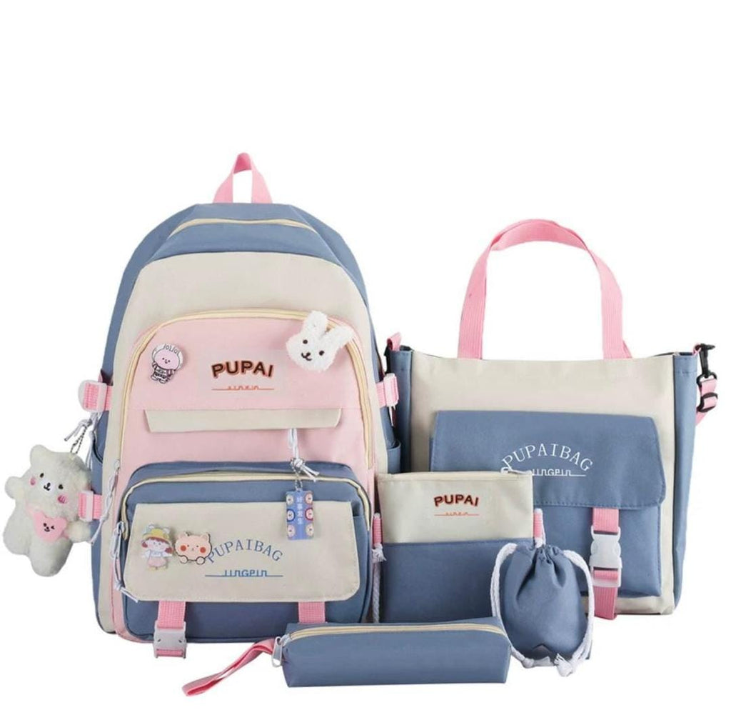 5-in-1 Aesthetic School Backpack Set for Girls | Cute Canvas Bookbag & Tote Combo