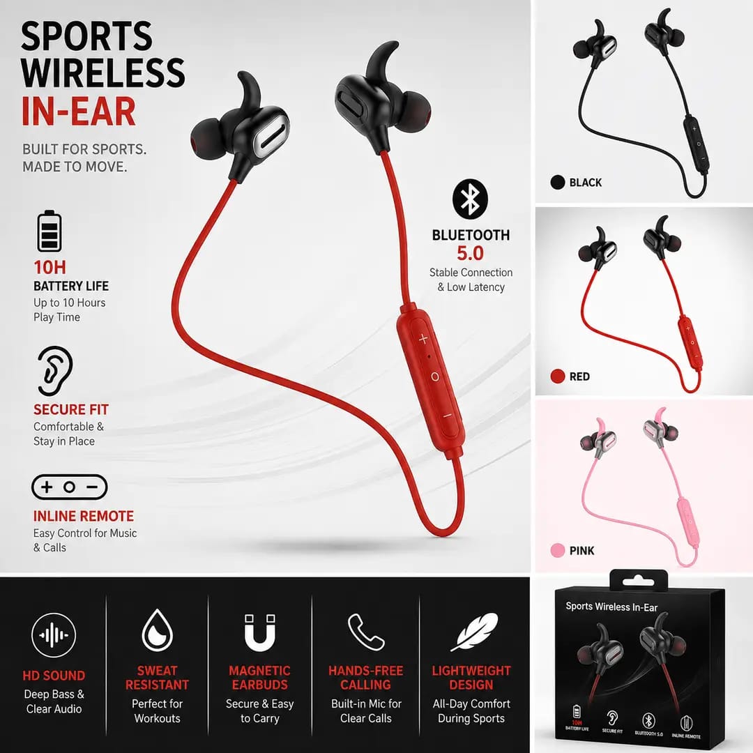 Wireless Sports Headphones with Built-In Mic & Earhooks | Sweatproof Bluetooth Running Earphones