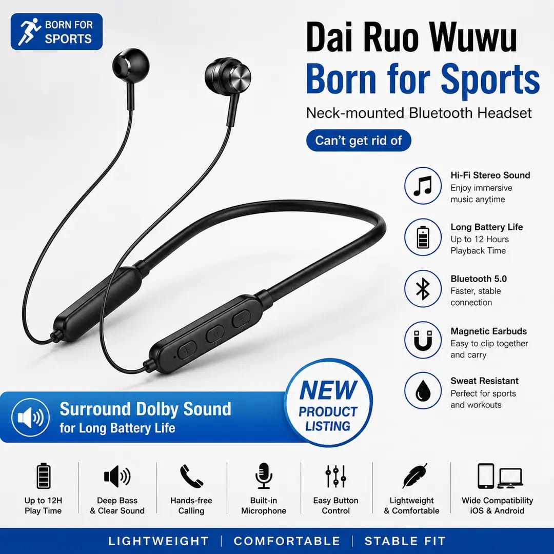 Wireless Sports Headphones with Built-In Mic & Earhooks | Sweatproof Bluetooth Running Earphones