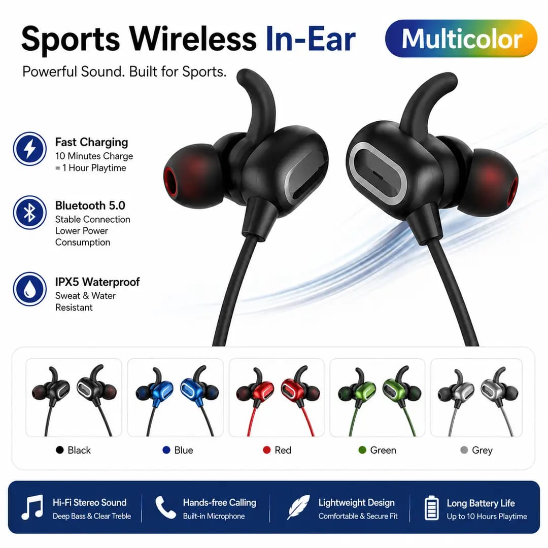 Wireless Sports Headphones with Built-In Mic & Earhooks | Sweatproof Bluetooth Running Earphones