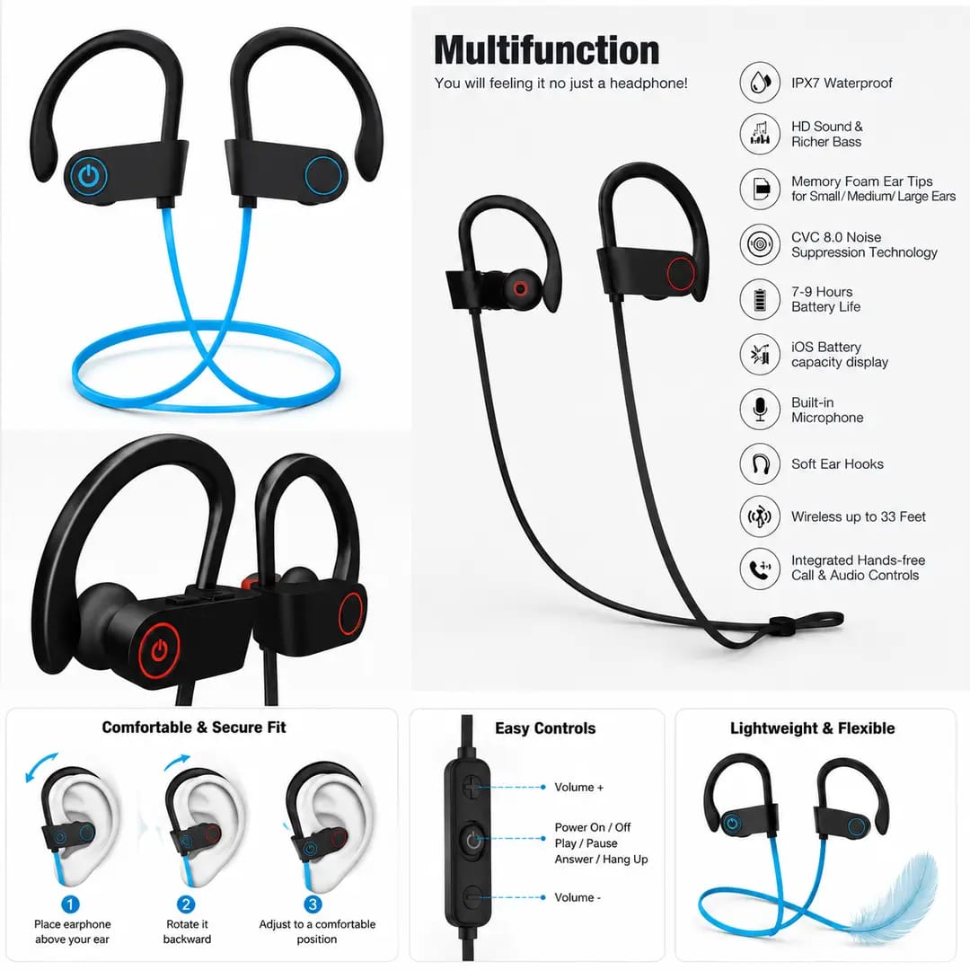 Wireless Sports Headphones with Built-In Mic & Earhooks | Sweatproof Bluetooth Running Earphones