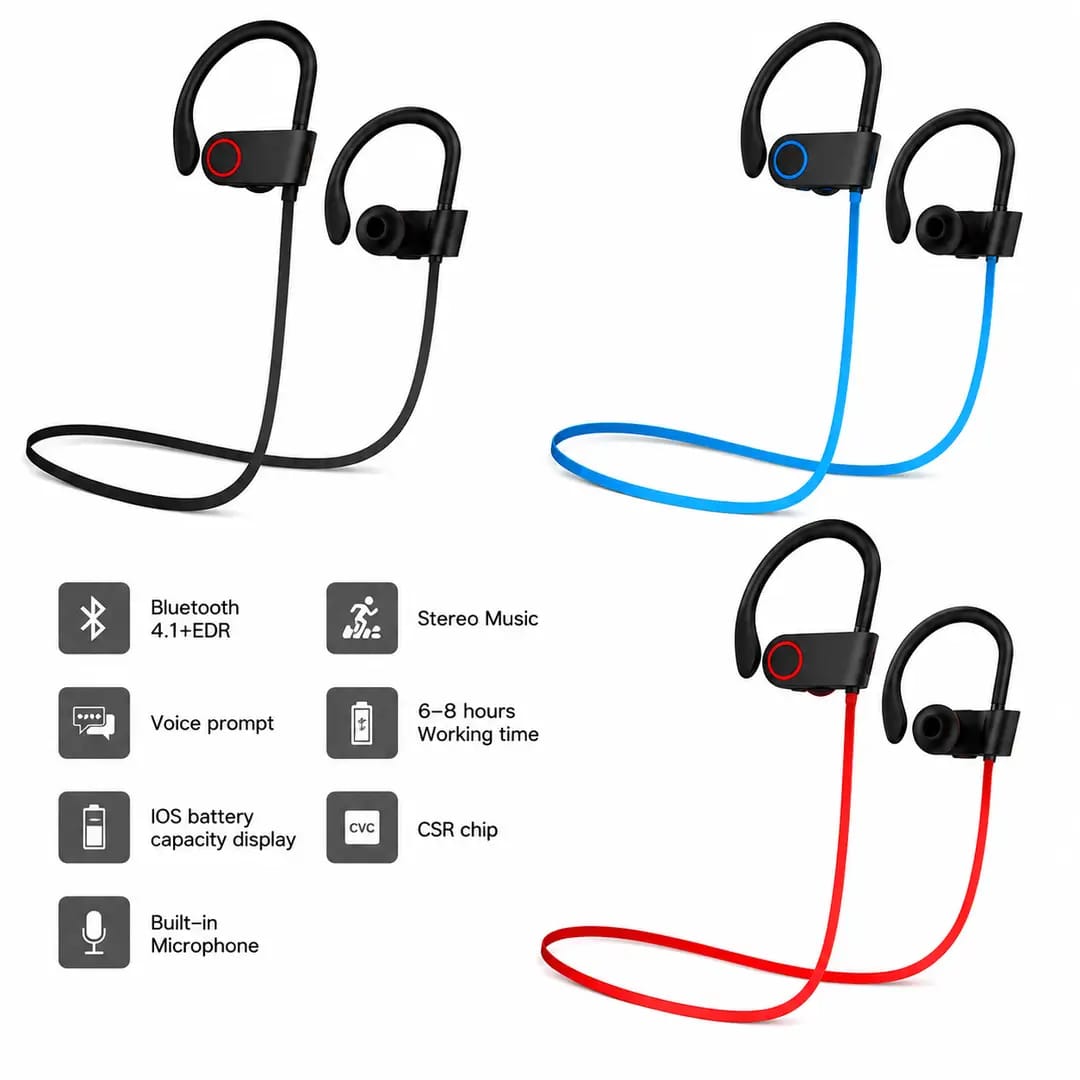 Wireless Sports Headphones with Built-In Mic & Earhooks | Sweatproof Bluetooth Running Earphones