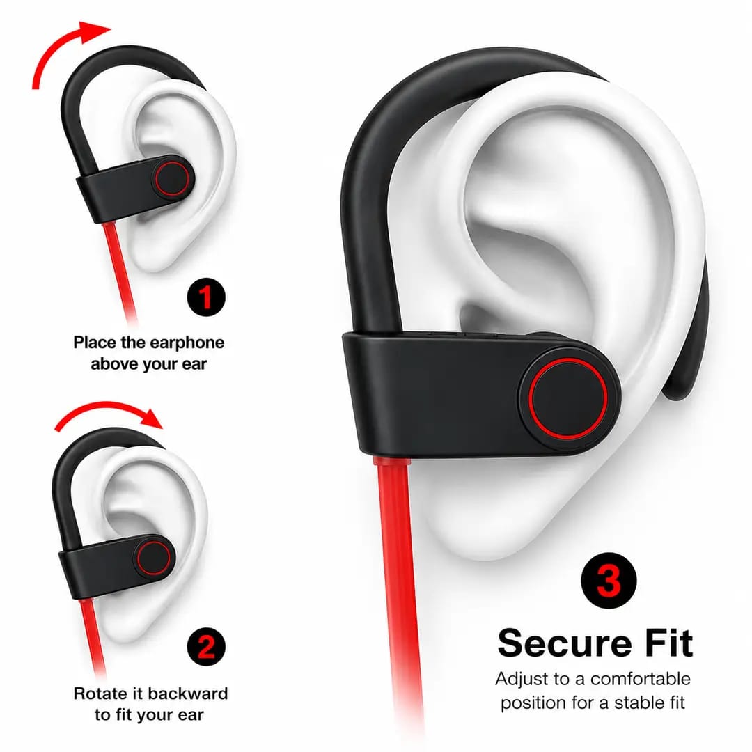 Wireless Sports Headphones with Built-In Mic & Earhooks | Sweatproof Bluetooth Running Earphones