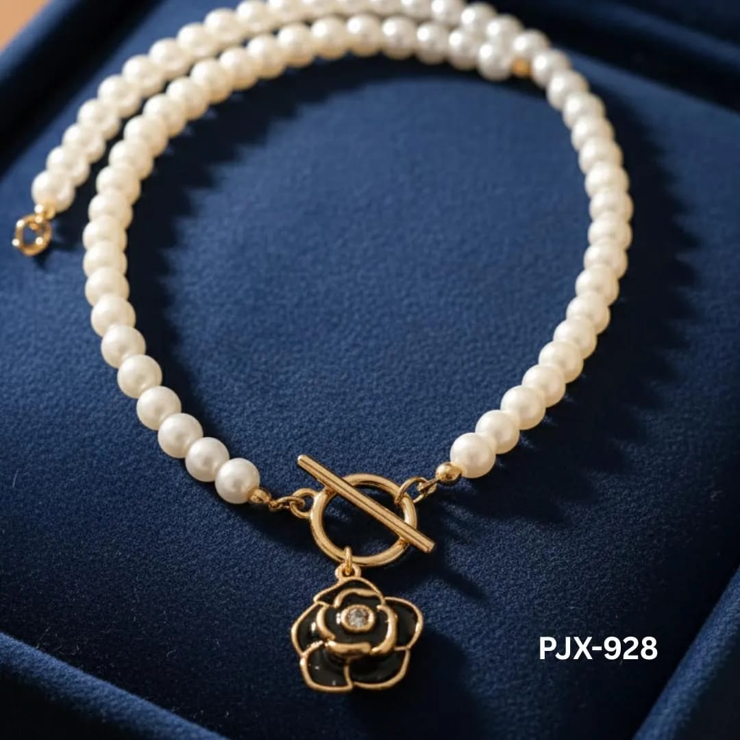French Camellia Flower Pearl Choker Necklace | Gold Toggle Clasp Enamel Floral Jewelry