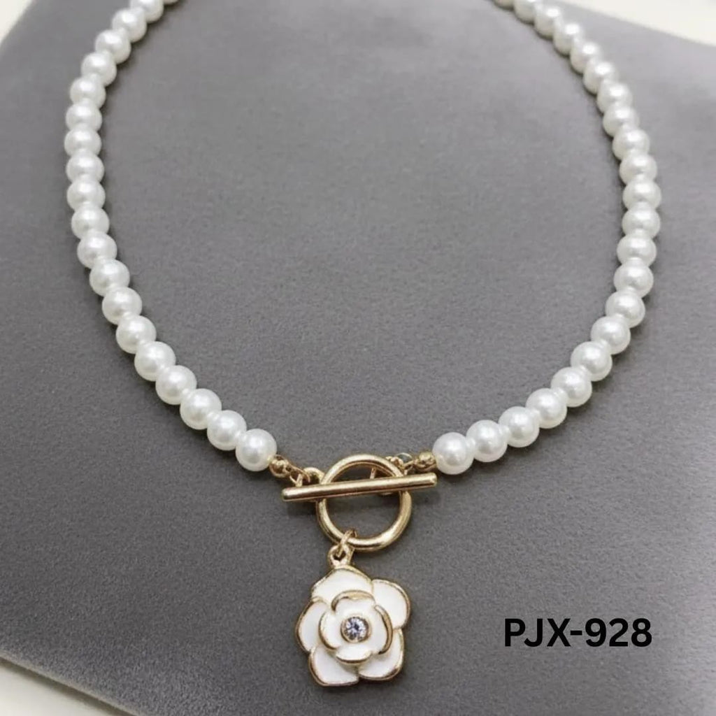 French Camellia Flower Pearl Choker Necklace | Gold Toggle Clasp Enamel Floral Jewelry