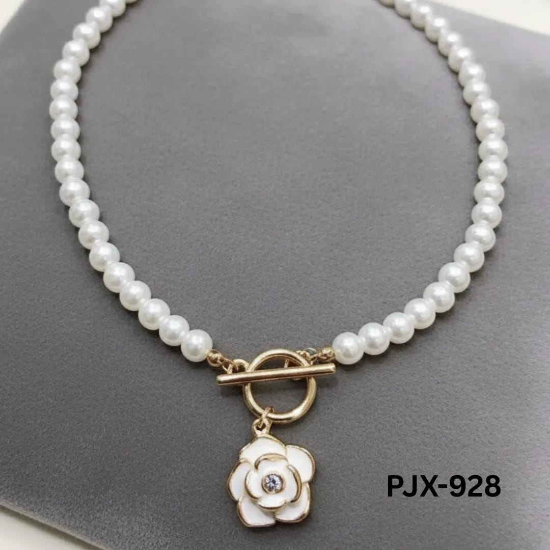 French Camellia Flower Pearl Choker Necklace | Gold Toggle Clasp Enamel Floral Jewelry