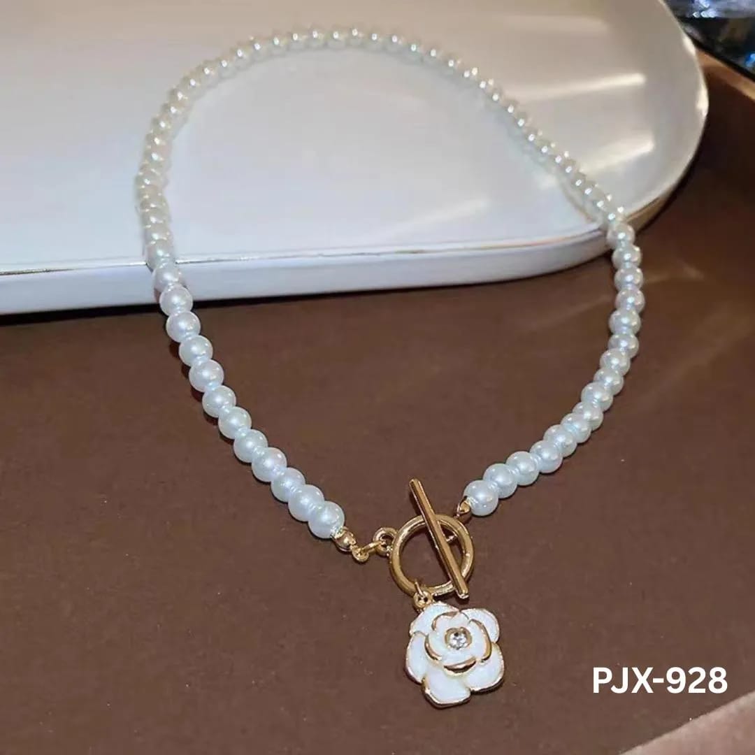 French Camellia Flower Pearl Choker Necklace | Gold Toggle Clasp Enamel Floral Jewelry