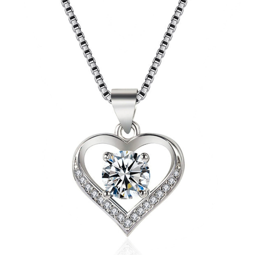 Sparkling Crystal Heart Pendant Necklace | Silver Solitaire Gemstone Charm Chain for Women