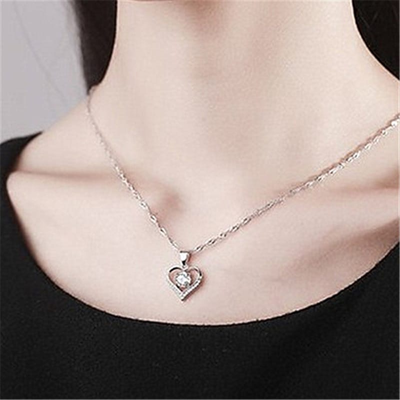 Sparkling Crystal Heart Pendant Necklace | Silver Solitaire Gemstone Charm Chain for Women
