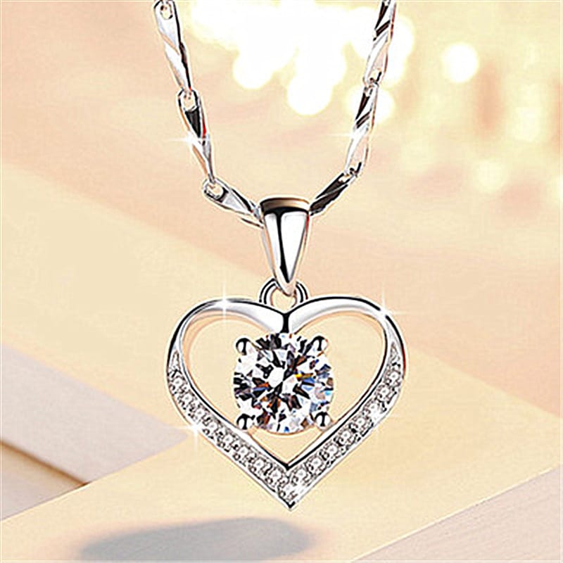 Sparkling Crystal Heart Pendant Necklace | Silver Solitaire Gemstone Charm Chain for Women
