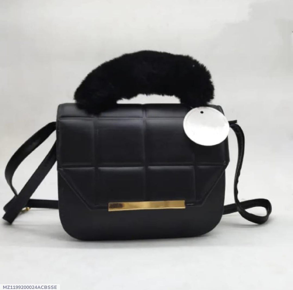 Quilted Faux Leather Crossbody Bag with Fur Top Handle | Black Shoulder Handbag for Women