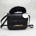 Quilted Faux Leather Crossbody Bag with Fur Top Handle | Black Shoulder Handbag for Women