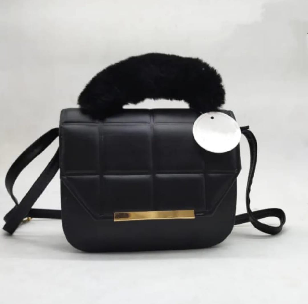 Quilted Faux Leather Crossbody Bag with Fur Top Handle | Black Shoulder Handbag for Women