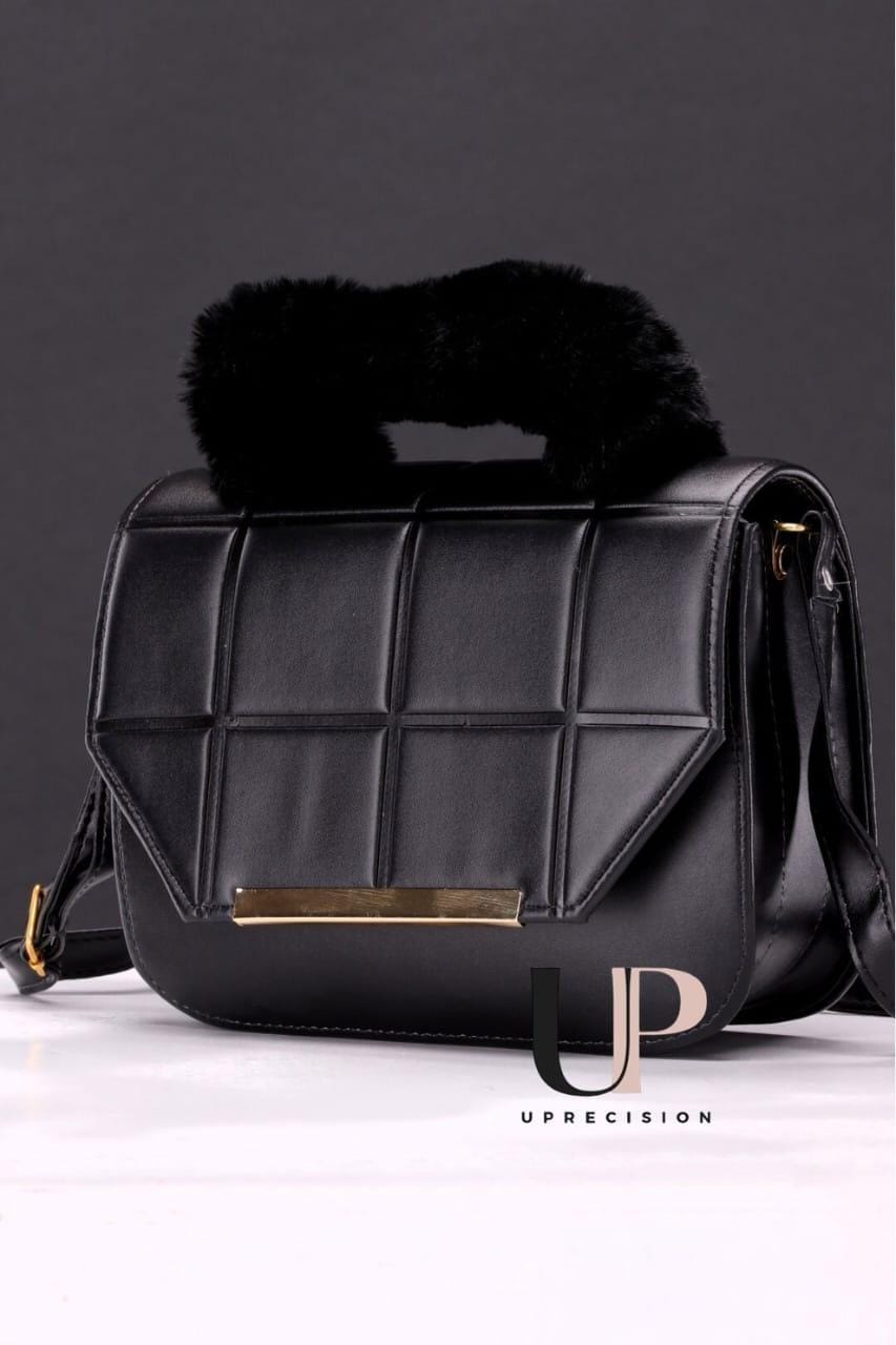 Quilted Faux Leather Crossbody Bag with Fur Top Handle | Black Shoulder Handbag for Women