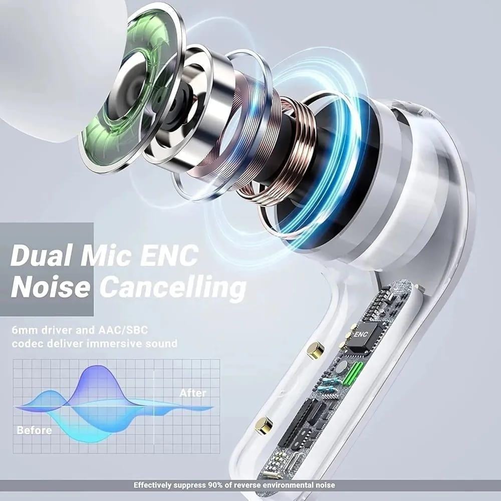 Transparent Case Wireless Earbuds with Dual Mic ENC Noise Cancelling & LED Power Display