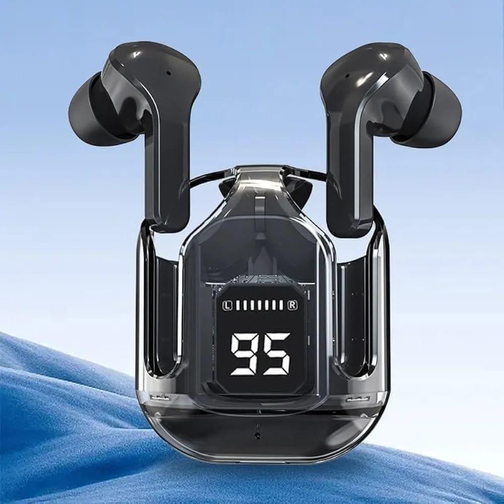 Transparent Case Wireless Earbuds with Dual Mic ENC Noise Cancelling & LED Power Display