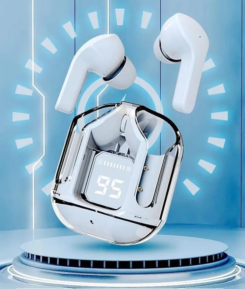 Transparent Case Wireless Earbuds with Dual Mic ENC Noise Cancelling & LED Power Display